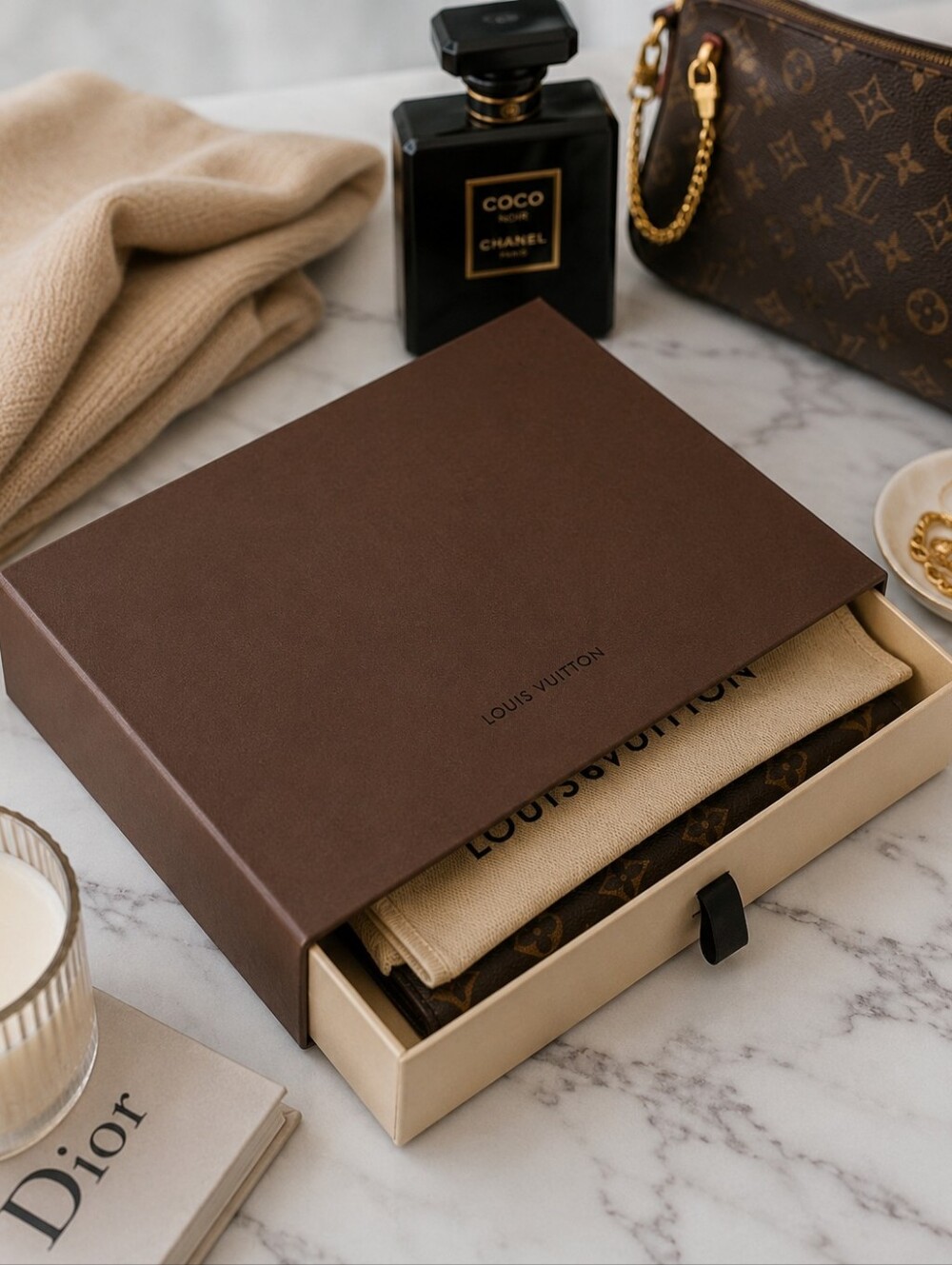 Louis Vuitton Elegant Brown and Cream Drawer Box